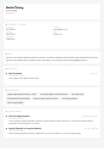 Çocuk Gelişimi Bölümü CV Örnekleri cv indir